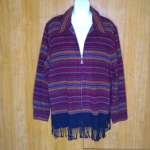 Napa Valley maroon boho tribal southwestern stripe fringe zip up blanket jacket